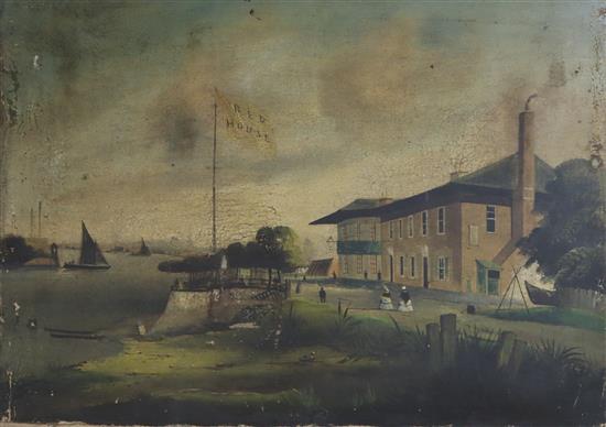 19th century English School, Naive oil on canvas, Red House, 46 x 61cm, unframed